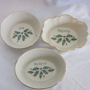 Lenox Holiday Set of 3 Candy Dishes Christmas Holly Berries Merry Believe Joy